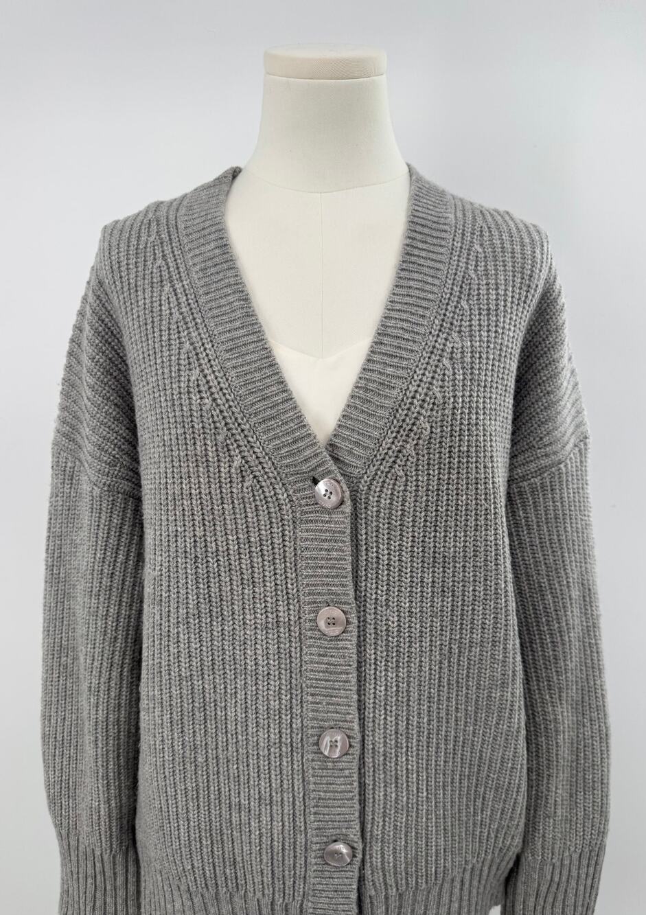 Staud Gray Rib Knit Wool Blend Cardigan Sweater Oversized V-Neck Cardi XS